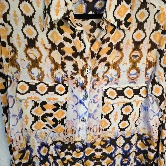 Mishca Womens L Tie Dye Animal Print Long Sleeve Tunic Top Button Up Pockets - Picture 3 of 8